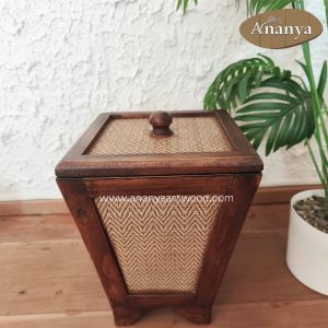 Artisan Teak Wood & Papyrus Woven Trash Can