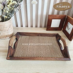 Artisan Teak Wood & Papyrus Serving Tray